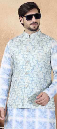 Blue color Nehru Jacket in Jacquard fabric with Weaving work