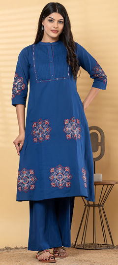 Blue color Salwar Kameez in Cotton fabric with Bugle Beads, Embroidered, Mirror, Printed, Resham work