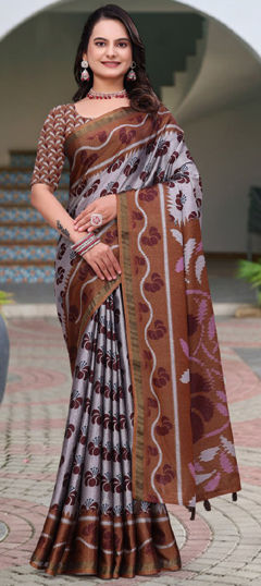 Beige and Brown, Black and Grey color Saree in Mul Cotton fabric with Printed work