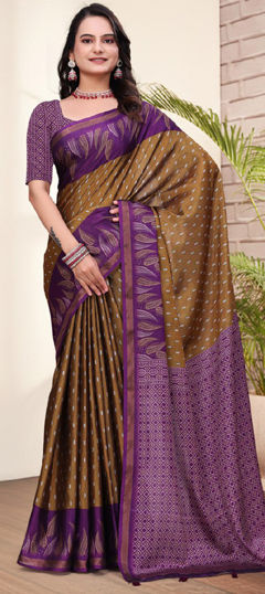 Beige and Brown, Purple and Violet color Saree in Mul Cotton fabric with Printed work