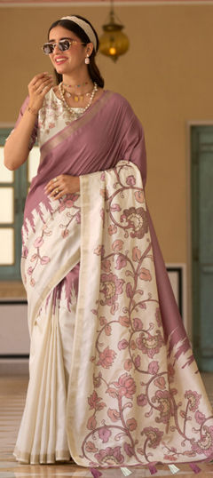 Pink and Majenta, White and Off White color Saree in Tussar Silk fabric with Printed work