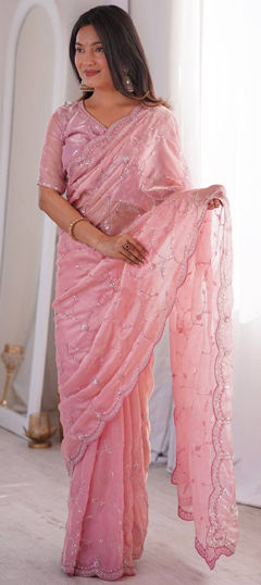 Pink and Majenta color Saree in Tissue fabric with Embroidered, Sequence work