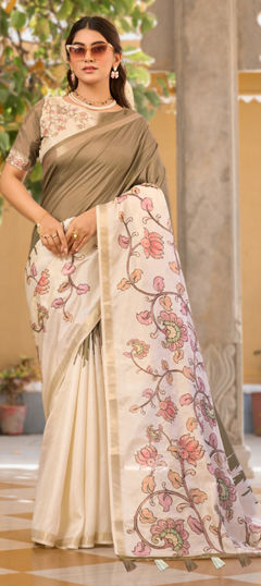 Beige and Brown, White and Off White color Saree in Tussar Silk fabric with Printed work