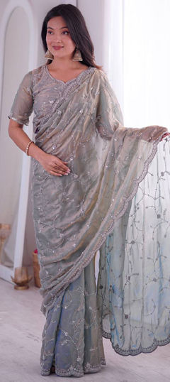 Black and Grey color Saree in Tissue fabric with Embroidered, Sequence work