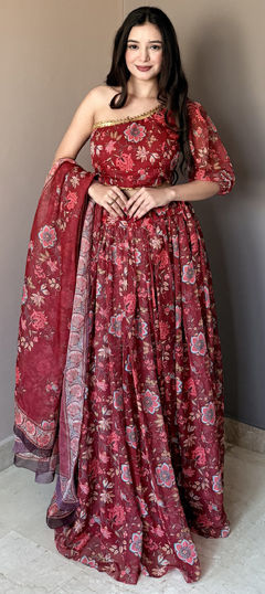 Red and Maroon color Long Lehenga Choli in Georgette fabric with Floral, Printed work