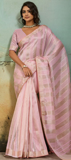 Pink and Majenta color Saree in Silk cotton fabric with Thread work