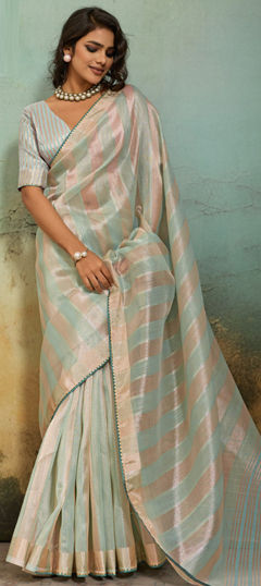 Green color Saree in Silk cotton fabric with Thread work