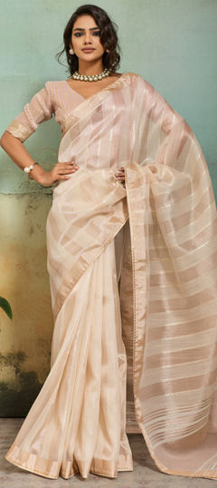Beige and Brown color Saree in Silk cotton fabric with Thread work