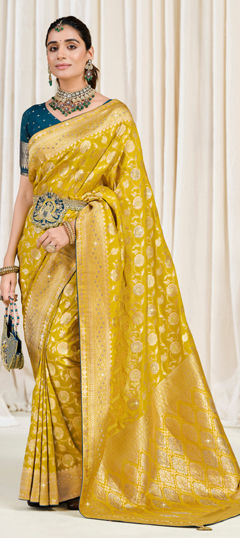 Gold color Saree in Silk fabric with Stone, Weaving, Zari work