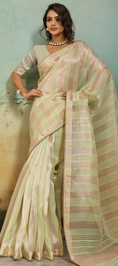 Green color Saree in Silk cotton fabric with Thread work