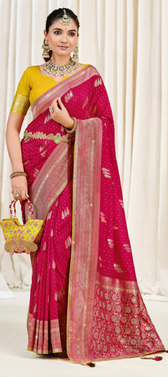 Pink and Majenta color Saree in Silk fabric with Stone, Weaving, Zari work