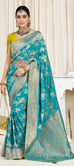 Blue color Saree in Silk fabric with Stone, Weaving, Zari work