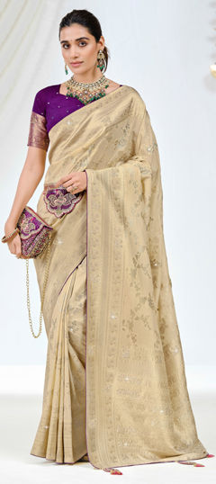 Beige and Brown color Saree in Silk fabric with Stone, Weaving, Zari work