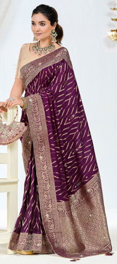Purple and Violet color Saree in Silk fabric with Stone, Weaving, Zari work