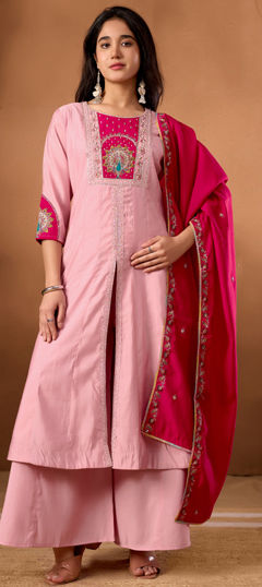 Pink and Majenta color Salwar Kameez in Roman fabric with Bugle Beads, Embroidered, Sequence work