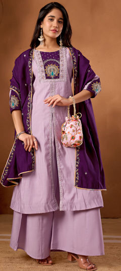 Purple and Violet color Salwar Kameez in Roman fabric with Bugle Beads, Embroidered, Sequence work