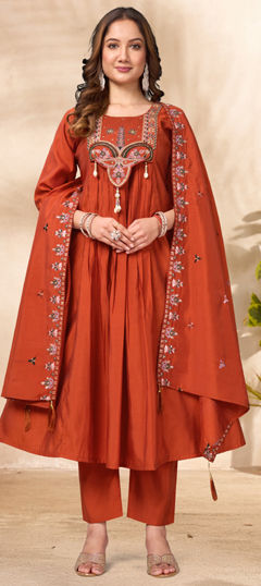 Beige and Brown color Salwar Kameez in Roman fabric with Cut Dana, Embroidered, Sequence work