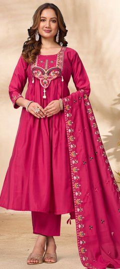 Pink and Majenta color Salwar Kameez in Roman fabric with Cut Dana, Embroidered, Sequence work