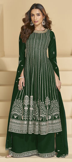 Green color Salwar Kameez in Faux Georgette fabric with Embroidered, Sequence work