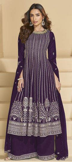 Purple and Violet color Salwar Kameez in Faux Georgette fabric with Embroidered, Sequence work