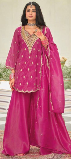 Pink and Majenta color Salwar Kameez in Silk fabric with Embroidered, Sequence work