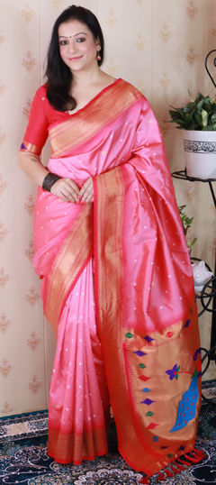 Pink and Majenta color Saree in Silk fabric with Bandhej, Printed, Weaving work
