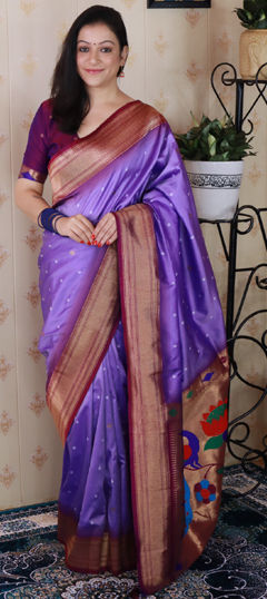 Purple and Violet color Saree in Silk fabric with Bandhej, Printed, Weaving work