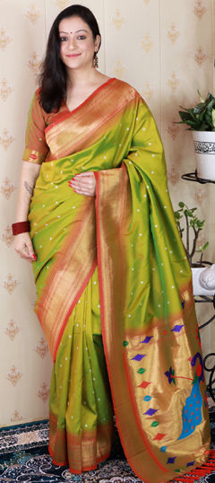 Green color Saree in Silk fabric with Bandhej, Printed, Weaving work