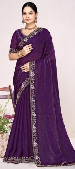 Purple and Violet color Saree in Tissue fabric with Zircon work