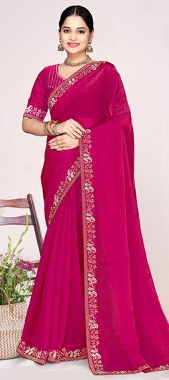 Pink and Majenta color Saree in Tissue fabric with Zircon work