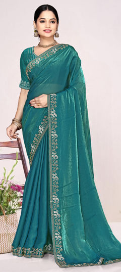 Blue color Saree in Tissue fabric with Zircon work