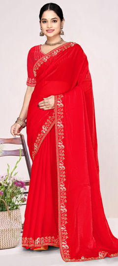 Red and Maroon color Saree in Tissue fabric with Zircon work