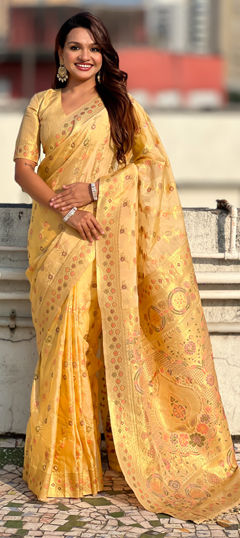 White and Off White color Saree in Silk fabric with Lehariya, Printed, Weaving work