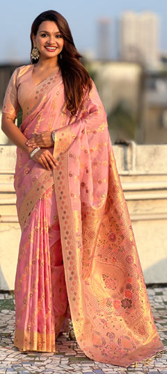 Pink and Majenta color Saree in Silk fabric with Lehariya, Printed, Weaving work