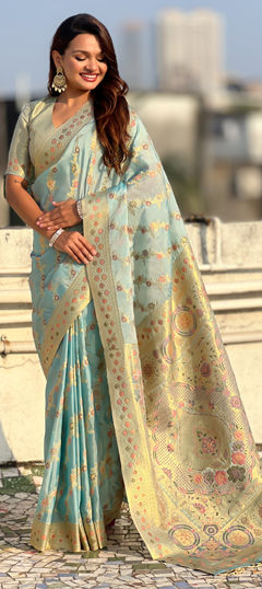 Blue color Saree in Silk fabric with Lehariya, Printed, Weaving work