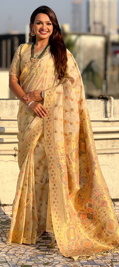 Yellow color Saree in Silk fabric with Lehariya, Printed, Weaving work