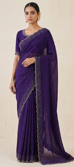 Purple and Violet color Saree in Silk fabric with Fancy Work work
