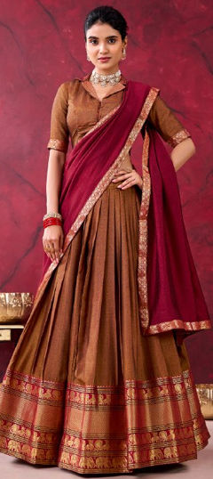 Beige and Brown color Lehenga in Cotton fabric with Weaving, Zari work