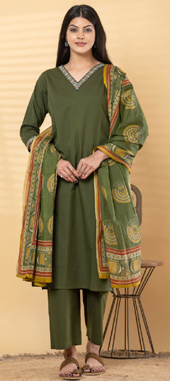 Green color Salwar Kameez in Cotton fabric with Embroidered, Printed work