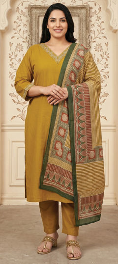 Yellow color Salwar Kameez in Cotton fabric with Embroidered, Printed work