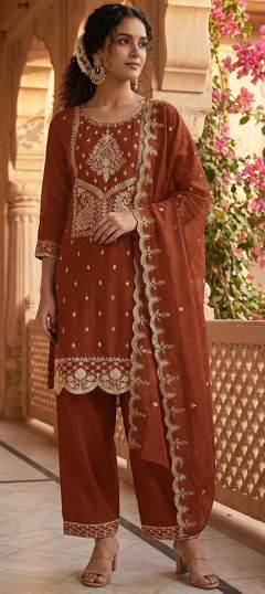 Beige and Brown color Salwar Kameez in Silk fabric with Embroidered, Sequence work