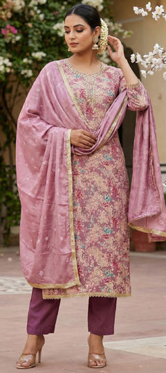 Pink and Majenta color Salwar Kameez in Cotton fabric with Bugle Beads, Cut Dana, Floral, Gota Patti, Printed, Zardozi work