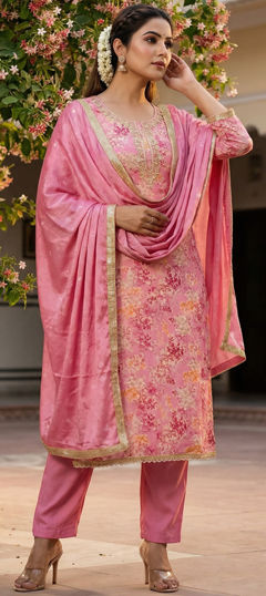Pink and Majenta color Salwar Kameez in Cotton fabric with Bugle Beads, Cut Dana, Floral, Gota Patti, Printed, Zardozi work