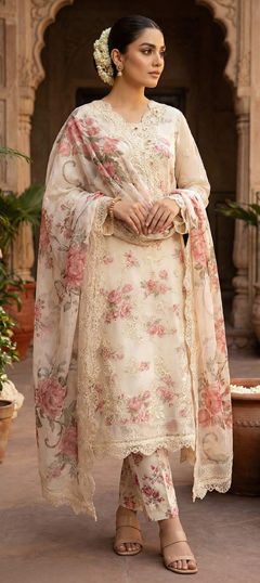 White and Off White color Salwar Kameez in Chiffon fabric with Digital Print, Embroidered, Floral, Sequence work
