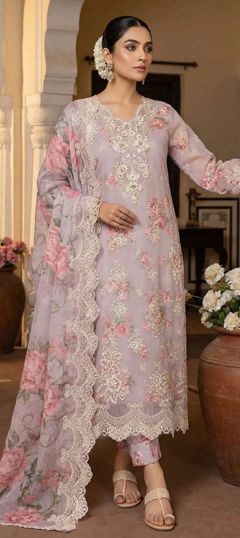 Purple and Violet color Salwar Kameez in Chiffon fabric with Digital Print, Embroidered, Floral, Sequence work