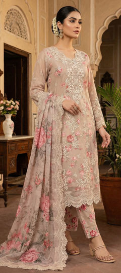 Beige and Brown color Salwar Kameez in Chiffon fabric with Digital Print, Embroidered, Floral, Sequence work