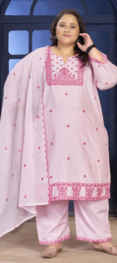 Pink and Majenta color Salwar Kameez in Cotton fabric with Embroidered, Resham, Sequence work