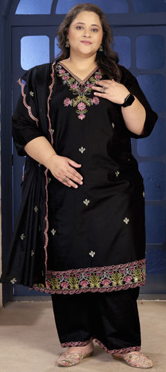 Black and Grey color Salwar Kameez in Cotton fabric with Embroidered, Sequence work