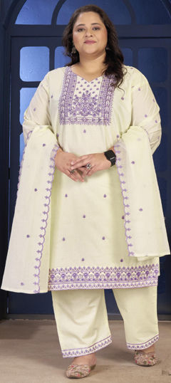 White and Off White color Salwar Kameez in Cotton fabric with Embroidered, Sequence work