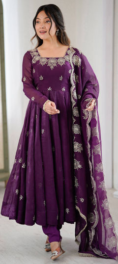 Purple and Violet color Salwar Kameez in Crushed Silk fabric with Embroidered, Sequence work